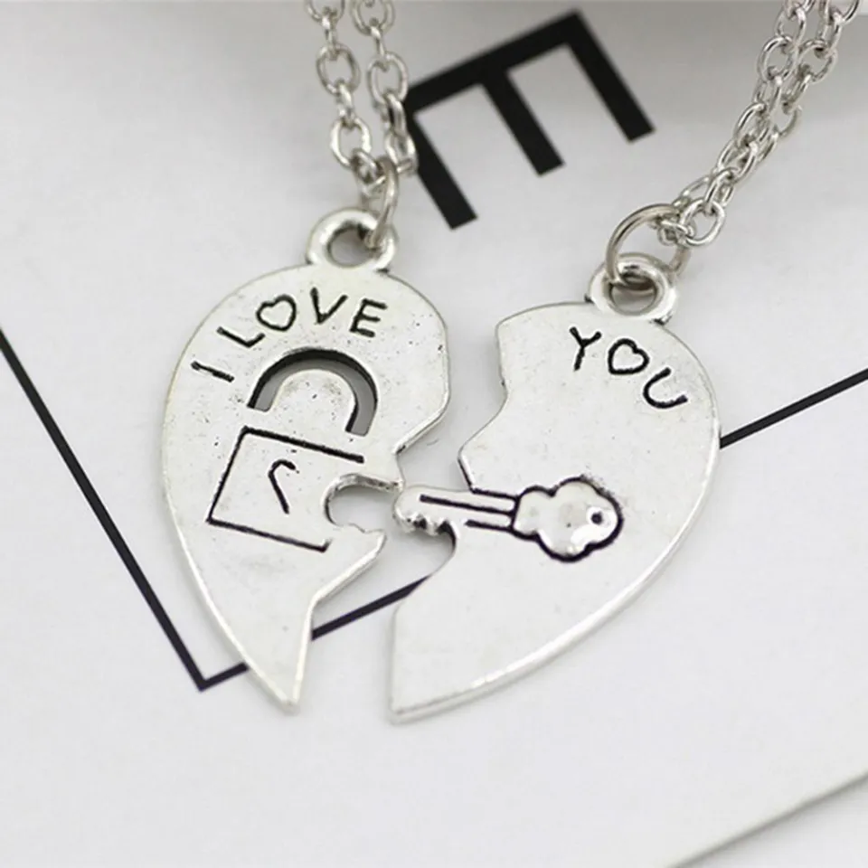 I Love You Heart Lock Key Couple Pendant Necklace Lovers Jewelry