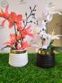 Artificial Flower Pots Set of 2 - Golden & White Elegant Small Table Vase, Decorative Flowers & Leaves for Home and Office Decoration, 10 Inches. 