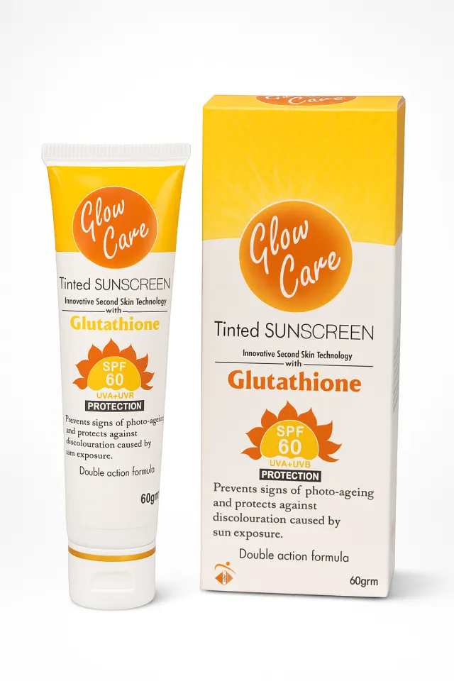 Glowcare Tinted Sunscreen | Natural look Hydrated sunscreen Glutathione UVA  + UVB Protection | Prevent sigs of photo aging SPF 60 | even skin tone |  treats skin discoloration | 60gram by dreamy glow | Daraz.pk