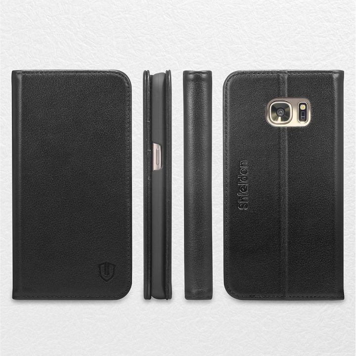 SHIELDON Genuine Leather Wallet Case for SAMSUNG Galaxy S7 with Magnetic Closure – Classic[Black]