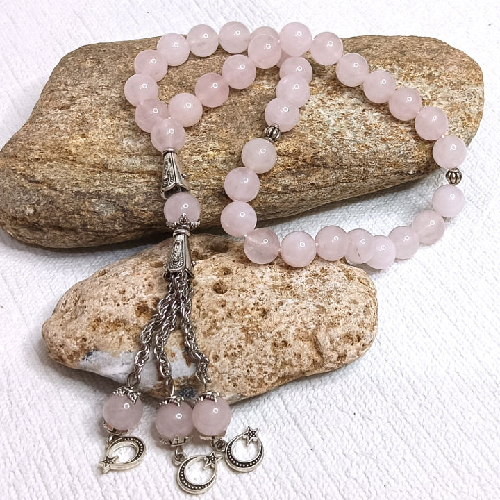 Natural%20Rose%20Quartz%20Stone%20Tasbih%2033%20beads%20Muslim%20women%20men%20rosary%20%7C%20Islamic%20Prayer%20tasbeeh%20with%20Metal%20fancy%20Chain%20&%20Gift%20Box%20-%20Image%202