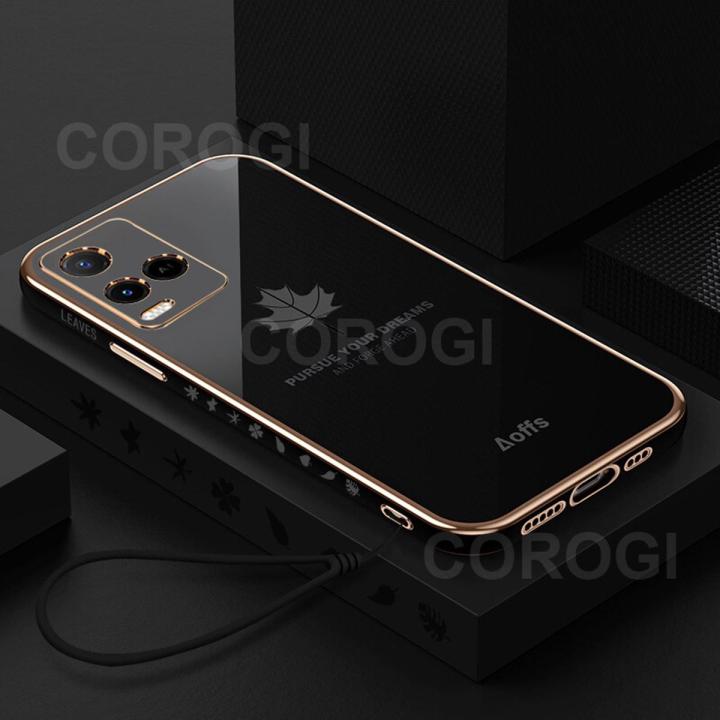 For Vivo Y21 Back Cover + Hand Strap Fashion Shiny 6D Plating Maple Leaves Protective Case Square Bumper Soft Silicone Mobile Phone Cases