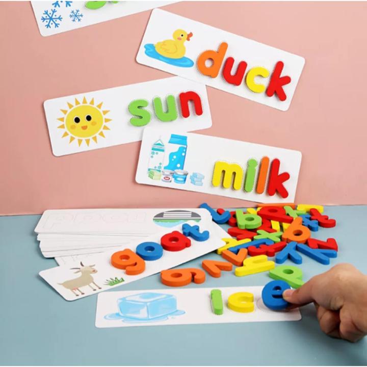 1 【Happier】 Wooden Spelling Game Building Blocks Educational Learning Toys Alphabet Spelling Exercise For Toddlers And Kids