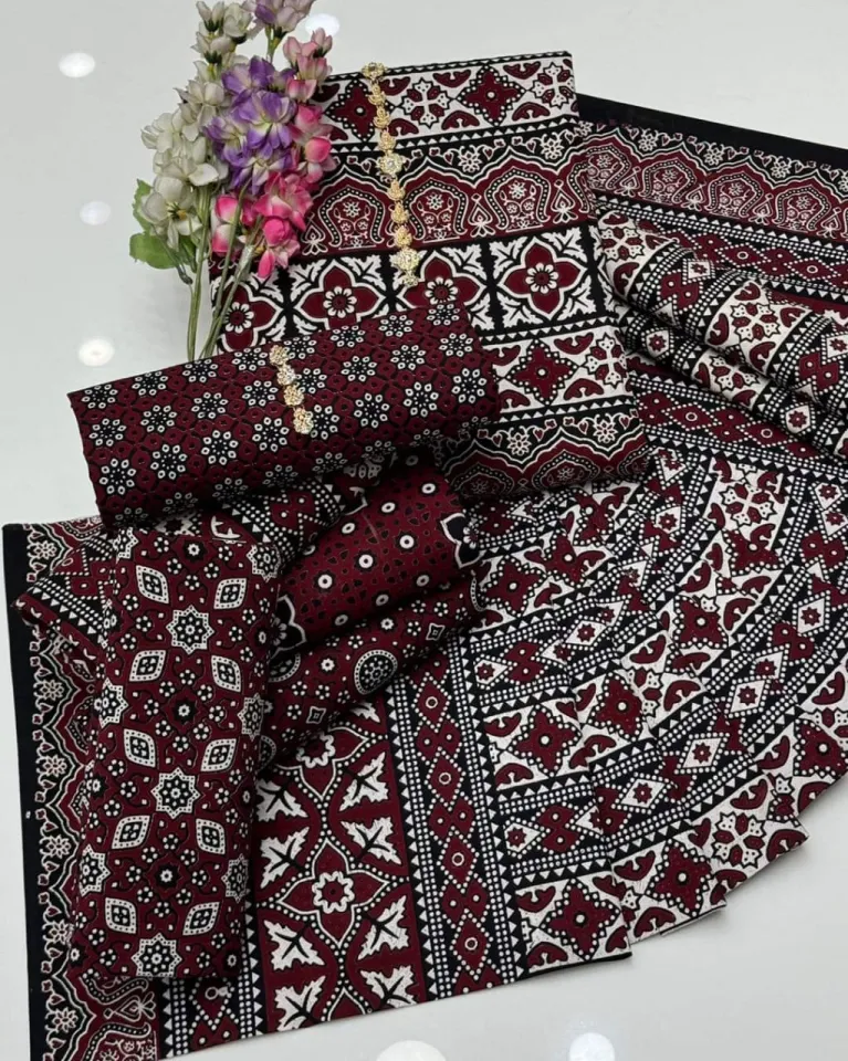 sindhi ajrak dress design Sindhi Ajrak Dress Designs Rs 2050  Cotton Suit 3pc Ajrak Block  Print  D26030306 ppadsdfbs 
