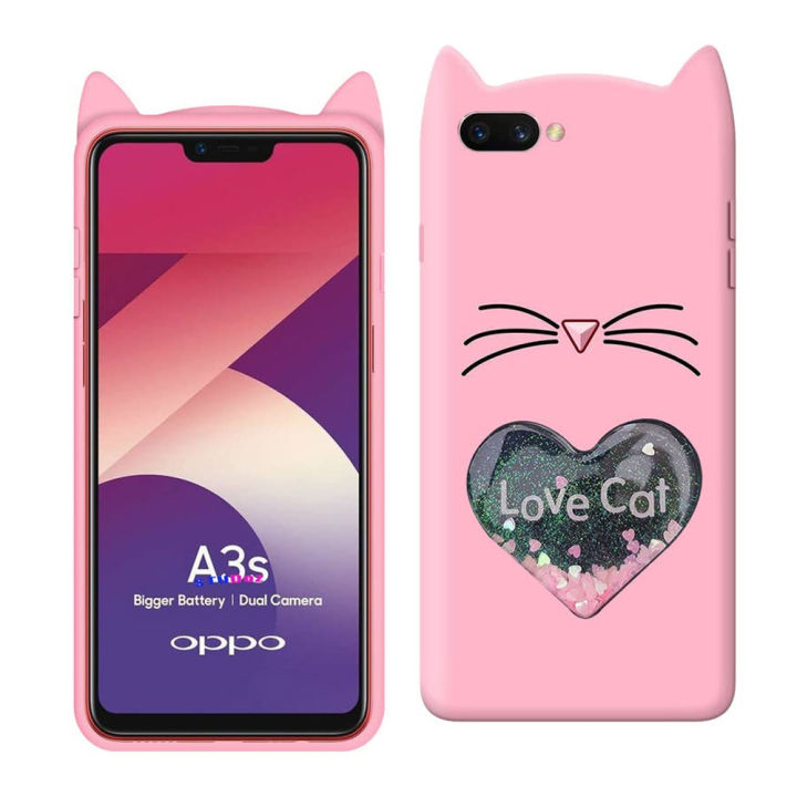 Oppo A3S Rubberised Cute Soft Heart Love Cat Mobile Cover For Girls
