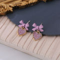 Pink Purple Bow Love Shape Temperament Female Earrings Simple Sweet Japanese And Korean Fashion Small Fresh Frosted Heart-shaped Earrings 1Pair. 