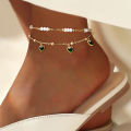 Emerald pendant with multiple layers of crystal beads women's stainless steel fashionable jewelry gift summer beach anklet. 