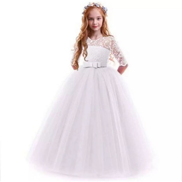 WHITE NET MAXI DRESS FOR BABYandGIRL: Adorable Fashion for Little Ones, net silk embroidery body - Navy Blue Silk Inner Skirt