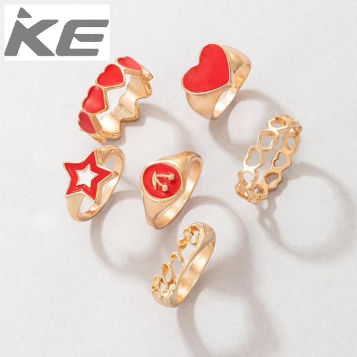 Hand Jewelry Red Cherry Pentagram Love Peach Heart Shaped Geometric Drop Ring 6-Piece Set for girls for women low price