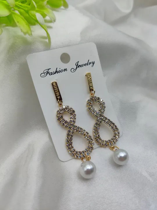 Dazzling CZ Crystal & Pearl Infinity Drop Earrings - Fashion Jewelry ...