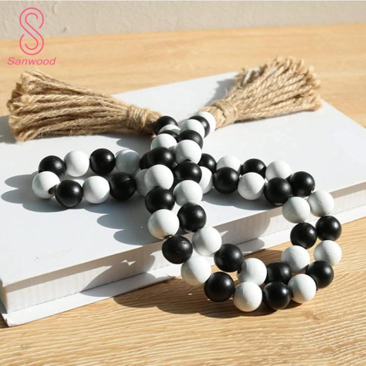 Thanksgiving Wooden Bead Decorations Boho Farmhouse Wood Bead Garland with Tassels Chic Home Decor for Vases Shelves Windows Tiered Tray Accessories Wooden Beads