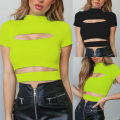 G&H Summer Solid Color y Hollow Out Mock Neck Short Sleeve Slim Women Crop Top. 