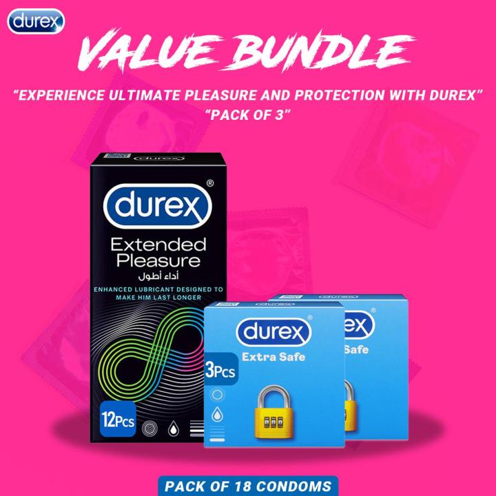 Durex Pack of 3 - Durex Extended Pleasure 12's Condoms + Durex Condoms Extra Safe Condoms 3s x 2