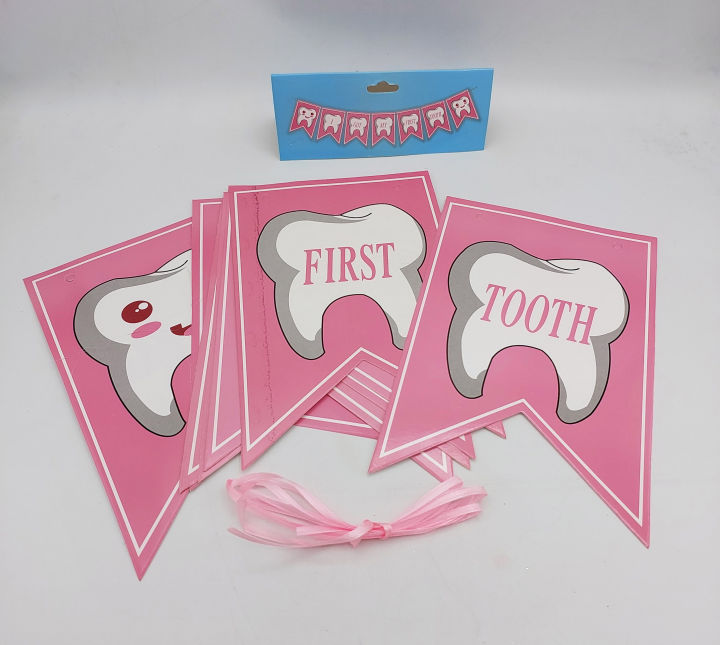 GOT MY FIRST TOOTH BANNER IN PINK COLOR WITH RIBBON LACE