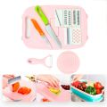 Multifunctional 9in1 Chopping Board with Drainer 5pcs Vegetable Slicer Cutters, 2 Knives and 1 Collapsible Colander for Kitchen. 