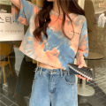 Women T-shirt Fashion Tie-dye Printed Short-sleeved Pullover Loose Contrast Color Crop Top. 