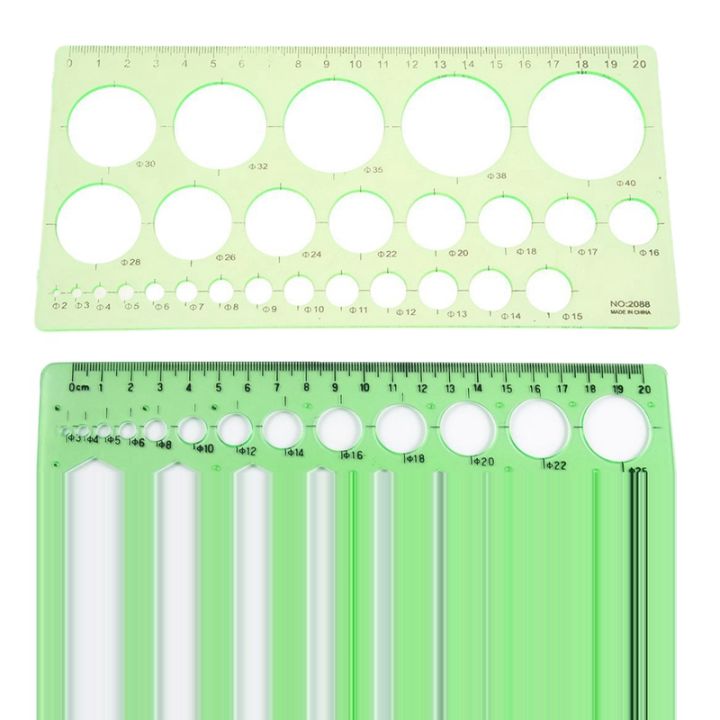 【wenfangdianpu】（NEW）Green Plastic Students Rectangle Shape Drawing Circle Template Ruler & Circles Hexagons Geometric 0-20cm