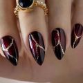 24pcs y2k Cool False Nail Tips Ins Gold Foil Retro Red Nails Manicure Set Almond False Nail Patch for Girl Women Wearable. 