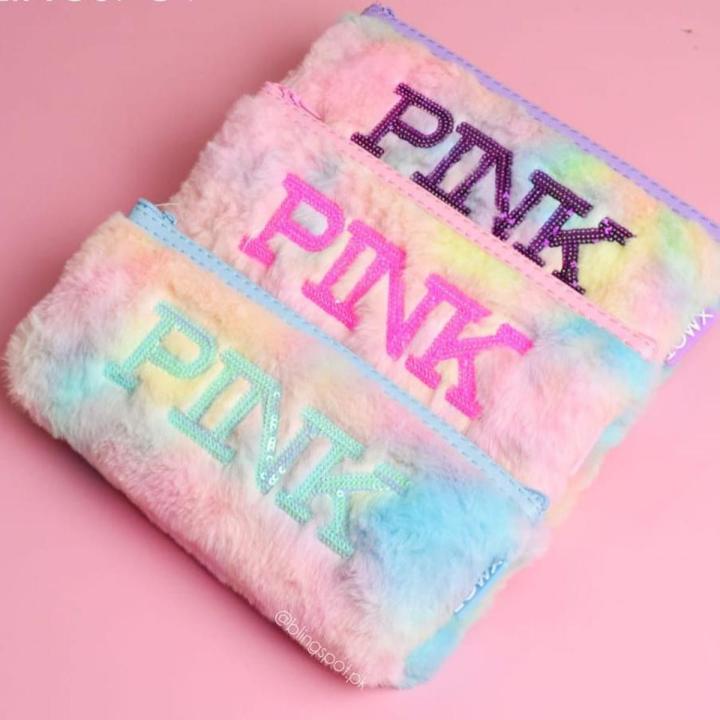 Rainbow plush pencil case for girls- super cute pencil pouch fluffy and soft for stationary-L21cm x H9cm x W6cm