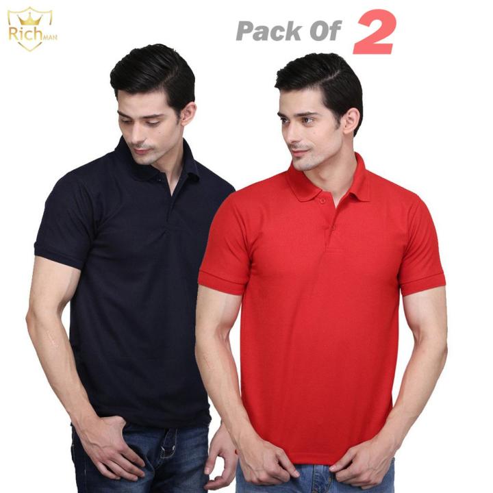 Red & Black Color Pack of 2 Men's Polo T-Shirt with Collar - Slim Fit Cotton Polo T-shirt for Men Combo