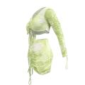 2Pcs Ladies  Top Short Skirt Set, Summer Unique Printing Strapless Long Sleeve Lace Up Crop Top + Ruched Mini Skirt Kit. 
