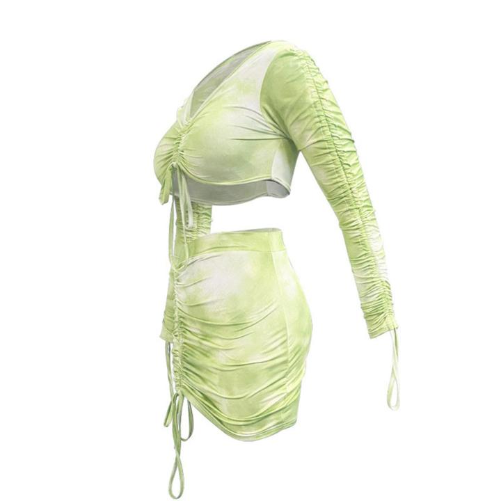 2Pcs Ladies  Top Short Skirt Set, Summer Unique Printing Strapless Long Sleeve Lace Up Crop Top + Ruched Mini Skirt Kit