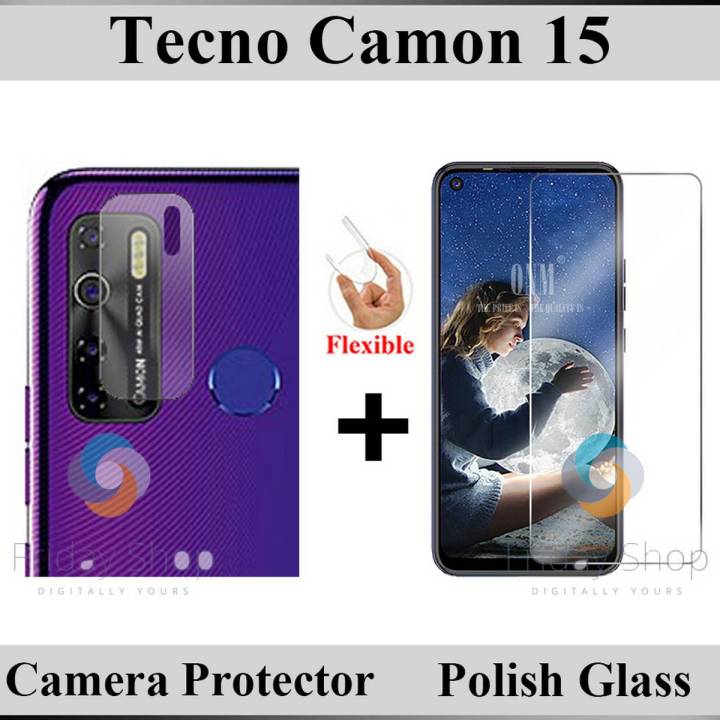Tecno Camon 15 Tempered Glass Screen Protector Polish Glass + Back Camera 9H Gorilla Flexible Protector For Tecno Camon 15