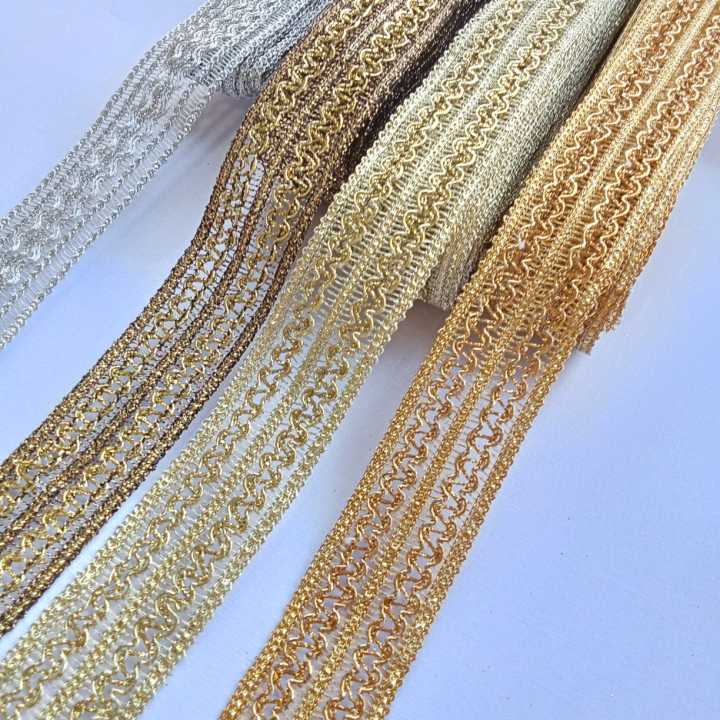 Gota Patti Lace Medium Size 5-yard roll of fancy Zari lace; ideal for dresses, dupattas, and borders