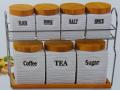 7PCS CERAMIC WOODEN AIR-TIGHT SPICES STORAGE SET WITH METAL STAND. 