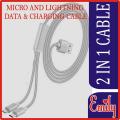 EMILY HIGH QUALITY ORIGINAL DATA AND CHARGING CABLE 2 IN 1 CABLE  50 INCH 127CM LENGTH USB CABLE LIGHTNING + MICRO USB FOR ALL MOBILES ANDRIOD AND IPHONE CHARGING SIMULTANEOUSLY. 