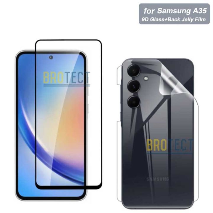 BROTECT 2 IN 1 Samsung A35 Tempered Glass 9D 21D Full Screen Protector + Back Jelly Protector Soft Hydrogel Film Sheet HD Plus OG For Galaxy A35 - Transparent
