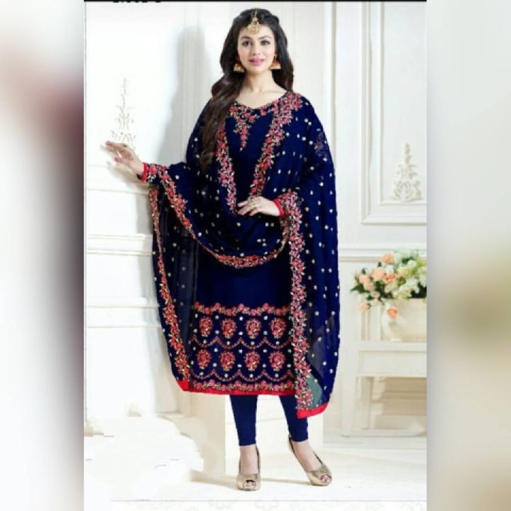Navy Blue Ladies chiffon Embroidered Dress