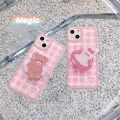 Korean Cute Cartoon Bear Pink Lattice Phone Case For iPhone 13 12 11 Pro XS Max X XR 7 8 Plus Holder Prorective Soft Back Cover. 