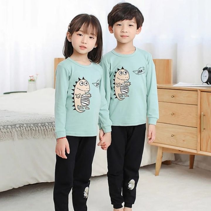 Baby & Baba Sky Blue Dino Printed Design Full Sleeves Style Kids Night Suit T-Shirt and Pajama For Girls and Boys