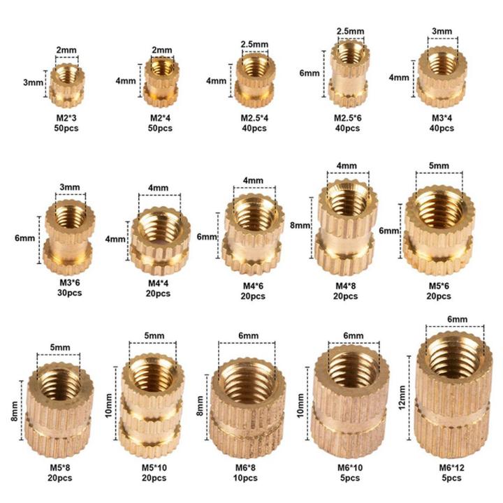 380Pcs Thread Inserts M2 M2.5 M3 M4 M5 M6 Metric Female Thread Brass Knurled Threaded Embedment Nuts Assortment Kit