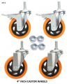 Castor 4Inch Wheels 4Pice Set Heavy Duty PU Rubber Swivel Trolley Furniture Caster with Brakes Orange. 