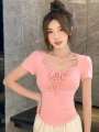 XXX Tsar Bu Crop Korea Square Neck Drawstring Short Sleeve For Women Summer New Slim Hot Girl Navel Exposed Shoulder Clothing Women's T shirt Tight Top. 