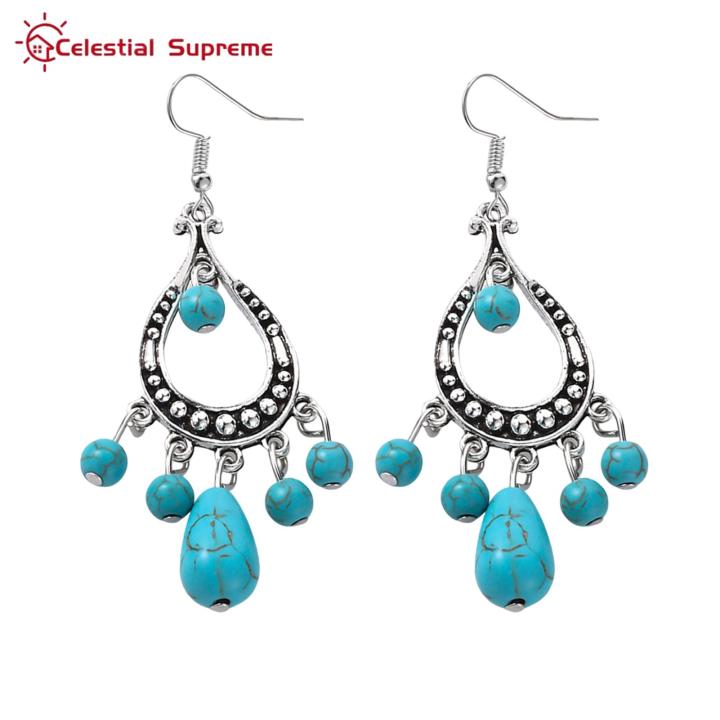 Hollow Design Alloy Earrings Boho Chic Faux Turquoise Tassel Earrings Lightweight Hypoallergenic Retro Style Earrings for Fashionistas Lightweight Faux Turquoise Earrings