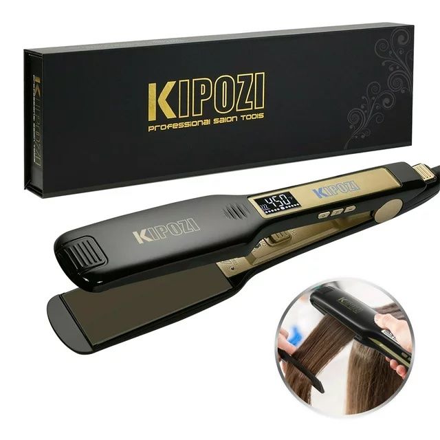 KIPOZI%20Professional%20Titanium%20Flat%20Iron%20Anti-Static%20Hair%20Straightener%20with%20Digital%20LCD%20Display,%20Dual%20Voltage,%20Instant%20Heating,%201.75%20Inch%20Wide%20%20Plates%20%20Black.%20UK%20Plug%20-%20Image%202