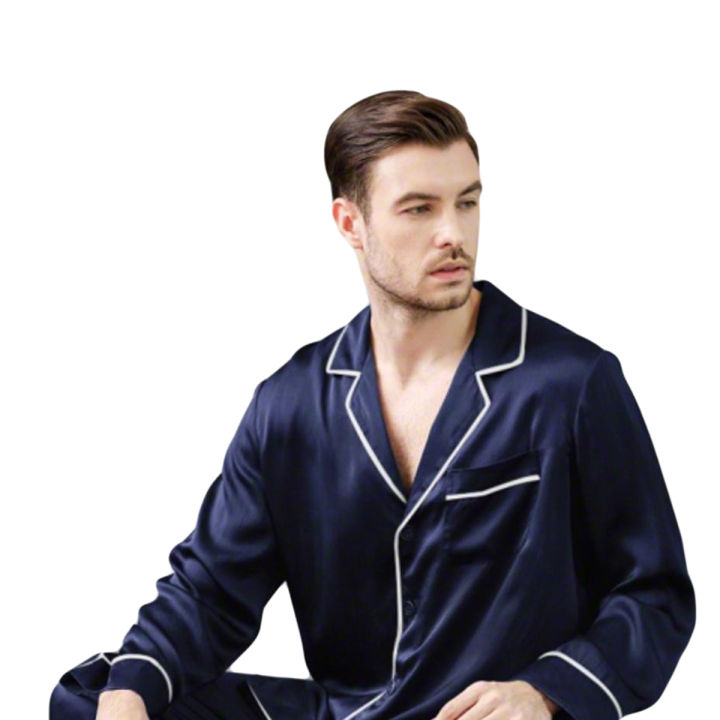 Navy Blue Mens Silk Satin Pajamas Set Night Dress with Shirt and