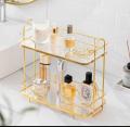 Elegant 2-Tier Bathroom Organizer: Luxe Makeup & Perfume Storage with Marble & Glass. 