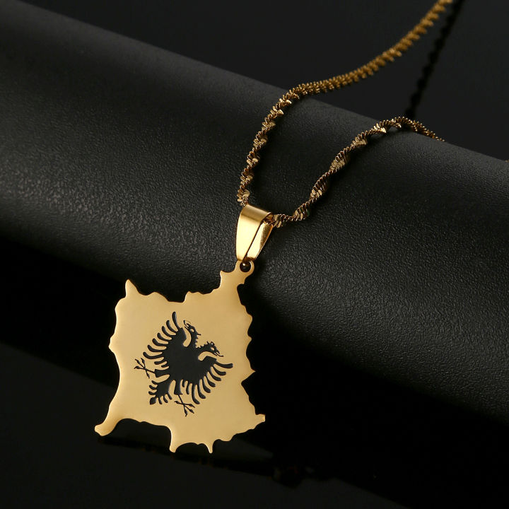 Stainless Steel Kosovo Map Albania Eagle Pendant Necklace for Men Women Ethnic Map Jewelry