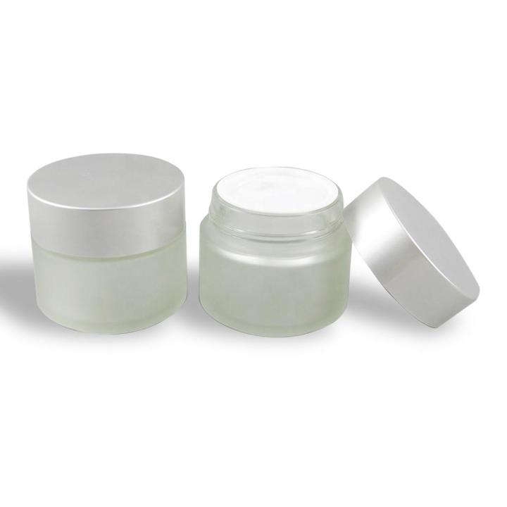 Pack of 2 Frosted Glass Jars 50 gram Glass jars with Silver Cap and inner Lid for Beauty , Cream , Blends , Skin Care