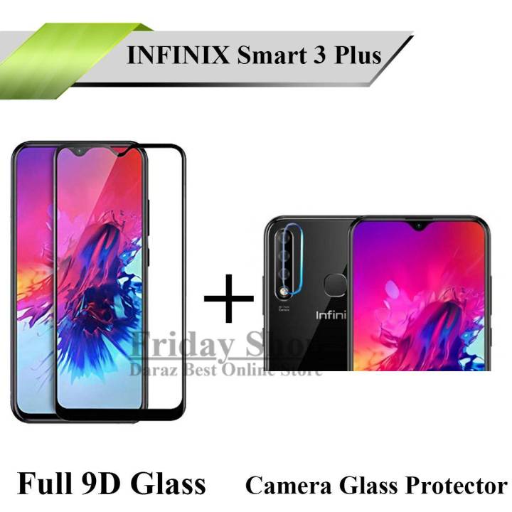 Infinix Smart 3 Plus Full Black 9D Tempered Glass Edge to Edge Full Glue Screen Protector + Back Camera 9H Gorilla Flexible Protector For Smart3+ Plus Infinix X627
