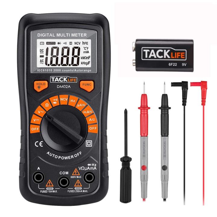 Tacklife DM02A Classic Digital Multimeter 2000 Counts Auto-Ranging Non Contact Voltage Multi Meter with LCD Backlight Volt Amp Ohm Diode and Continuity Test