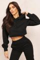 Black Cropped Hoodie With Pocket. 