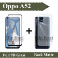Oppo A52 Full Black 9D Tempered Glass Edge to Edge Full Glue Screen Protector + Back Matte Protector Soft Skin Sheet Soft Film Protector For Oppo A52. 