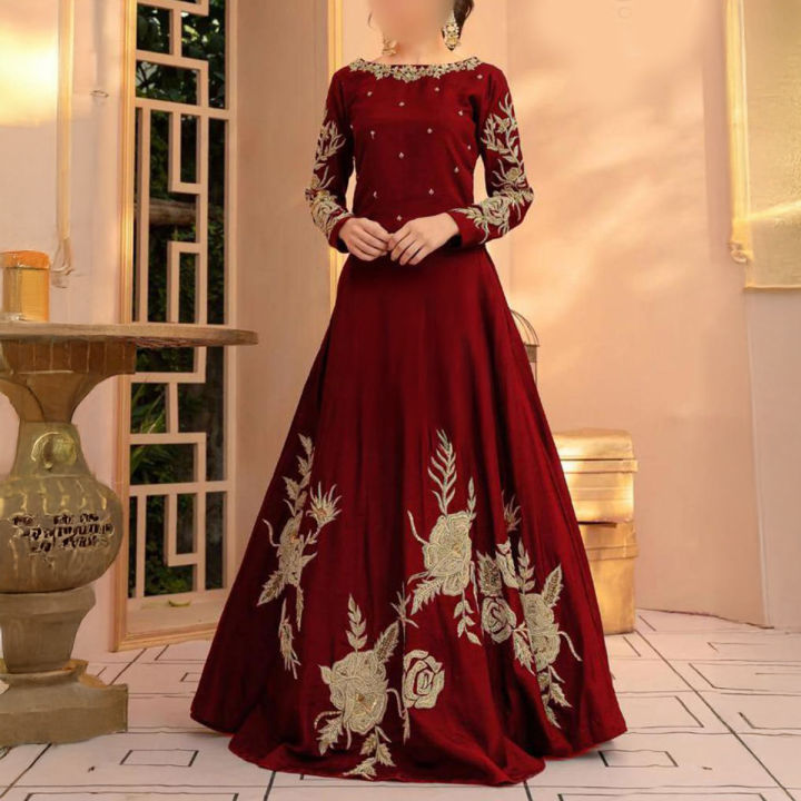 Stylish Flair Embroidered Silk Maxi Dress for Women - One Size | Daraz.pk