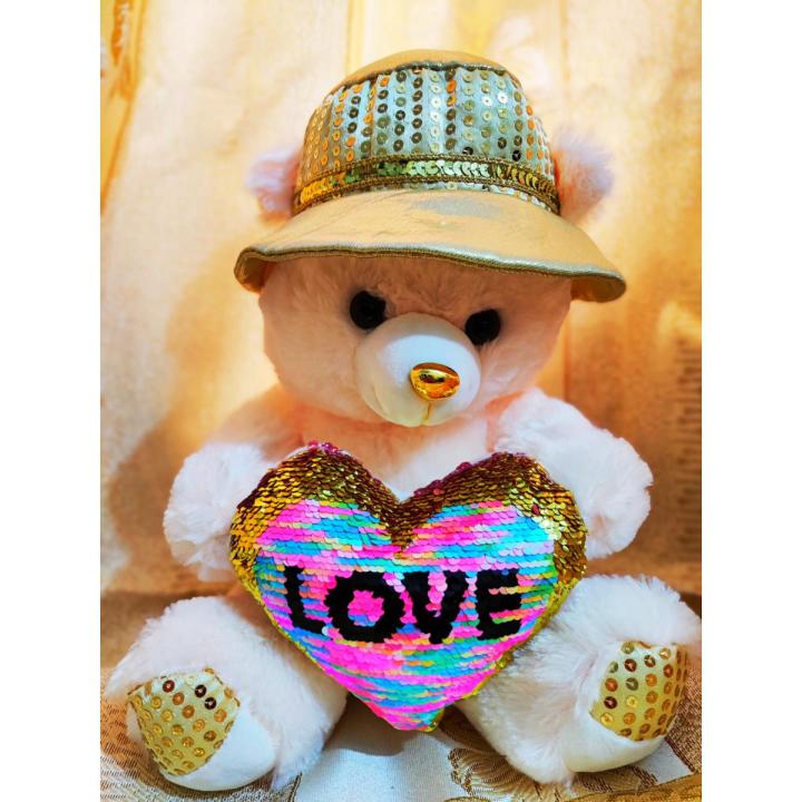 (56 cm / 22 inches) Soft Fluffy Sequin Heart Teddy Bear for Girls & Boys | Hat Style Stuffed Plush Toy | Cute Gift for Kids | Valentine, Birthday, Christmas Present
