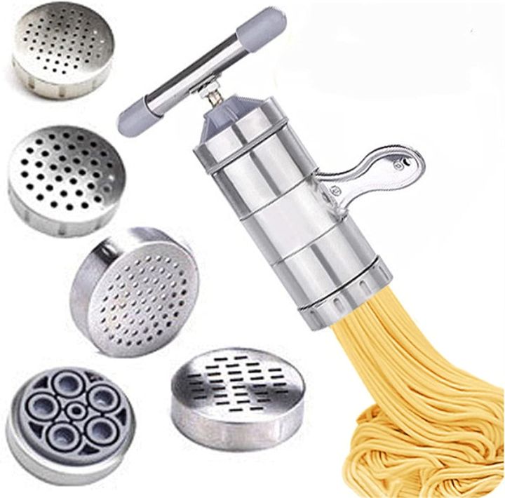 Stainless Steel Manual Noodles Press Hand Crank Spaghetti Fettuccine Noodle Dough Press Machine Pasta Maker with 5 Noodle Mould
